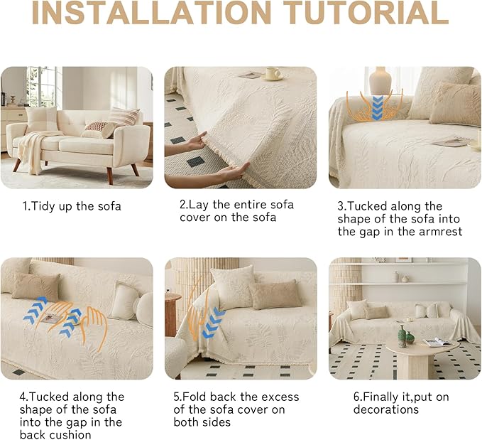 HANDONTIME Washable Couch Covers for Sofa Boho Couch Covers for 3 Cushion Sofa Pet Friendly Beige Chenille Jacquard Couch Protector for Dogs Plant Branch Sectional Cover Sofa Slipcovers, 71" X 150"