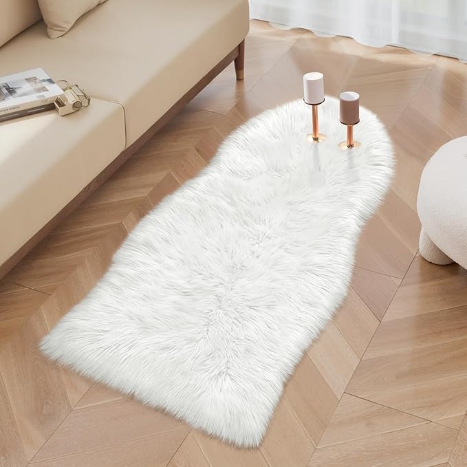 Ciicool Ultra Soft Faux Sheepskin Fur Rug Fluffy Chair Rug for Sofa Couch Seat Cushion.Shaggy Furry Small 2x4 White Bedroom Fuzzy Carpet for Living Room Kid's Room Nursery Decor