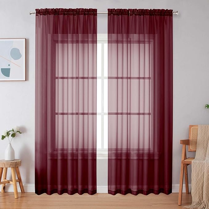 Simplebrand Burgundy Red Sheer Curtains 90 Inches Long 2 Panels, Light Filtering Rod Pocket Solid Color Window Sheer Curtain Panels, Elegant Curtains & Drapes for Living Room, Bedroom, 59" W x 90" L