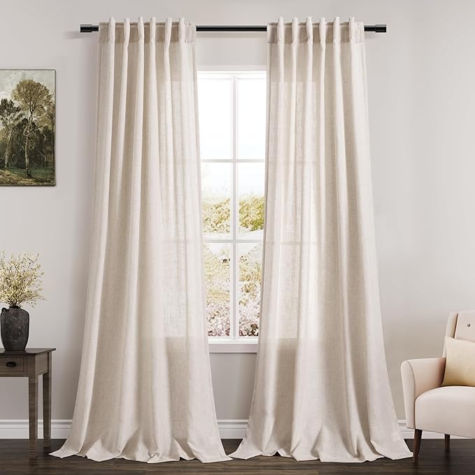 Beige Linen Curtains 84 Inch Length 2 Panels Back Tab Rod Pocket Semi Sheer Bedroom Curtains Light Filtering Country Closet Curtain Drapes Netural Farmhouse Window Panels for Living Dining Room 42x84