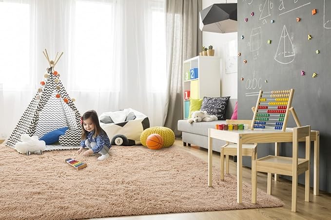 TWINNIS Super Soft Shaggy Rugs Fluffy Carpets, 5x8 Feet, Indoor Modern Plush Area Rugs for Living Room Bedroom Kids Room Nursery Home Decor, Upgrade Anti-Skid Rectangular Fuzzy Rug, Light Tan