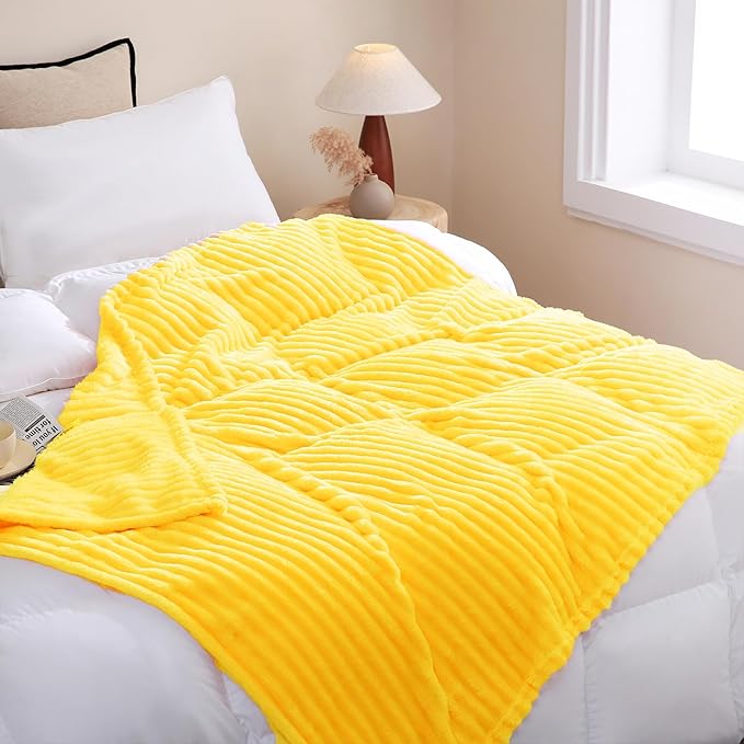 Bright Yellow Fleece Throw Blanket 108”×90” for Couch Sofa Bed,Super Soft Cozy Plush Microfiber Flannel Blanket with Stripes Design Lightweight for Adults,Woman,Girls