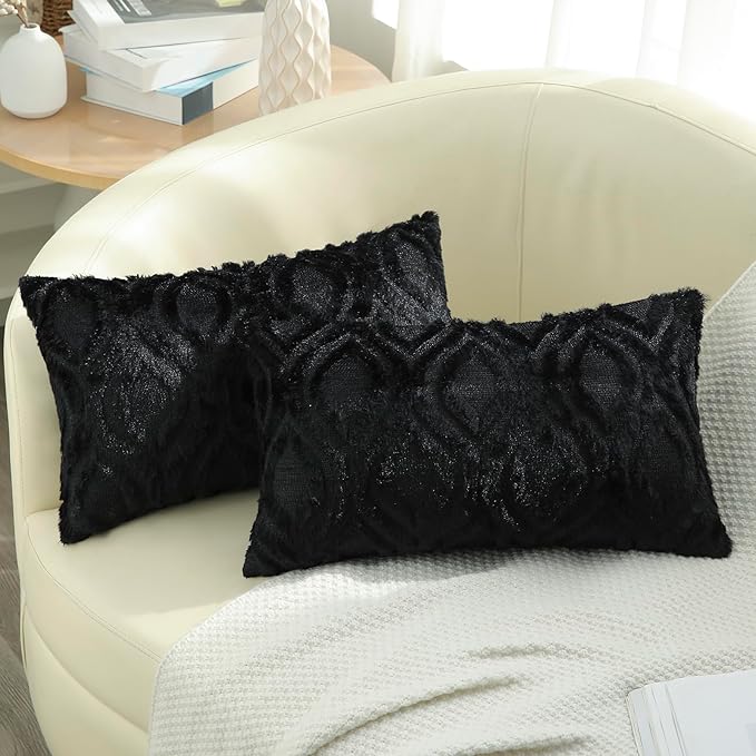 decorUhome Throw Pillow Covers 12x20 Inch Set of 2, Soft Plush Faux Wool Black Solid Couch Pillow Covers, Accent Farmhouse Neutral Rectangle Pillow Cases for Sofa Bed Living Room