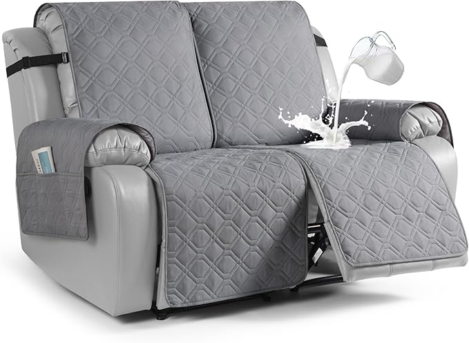 VANSOFY Waterproof Recliner Couch Covers, Sofa Covers 1-Piece Washable Reclining Sofa Cover Non-Slip Furniture Protector with Elastic Straps Pocket for Dogs, Pets(Light Gray,Oversized 2 Seater)