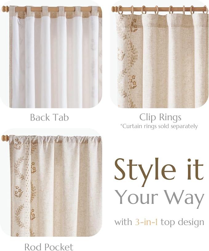 jinchan Belrose Lined Linen Blend Curtains Boho Floral Curtains for Bedroom 84 Inch Length Beige Embroidered Drapes Rod Pocket Farmhouse Flower Drapes for Living Room Window Treatments Set 2 Panels