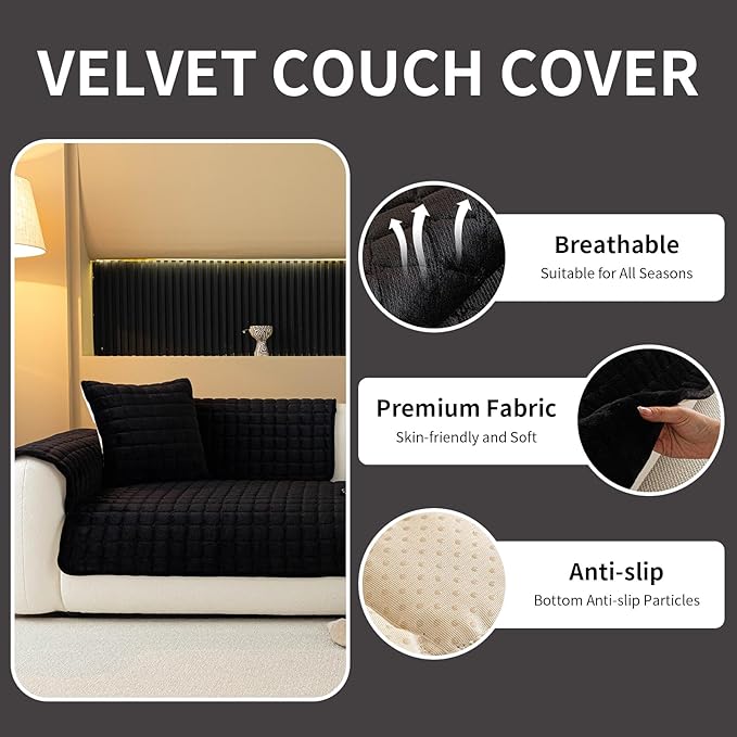 Velvet Couch Cover, Plush Sectional Sofa Cover Washable, Anti Slip Sofa Slipcover for 3 Cushions Sofas, Furniture Protector Covers for Pets & Kids(1PC, Black, 35.4"×71", 3-Seater)