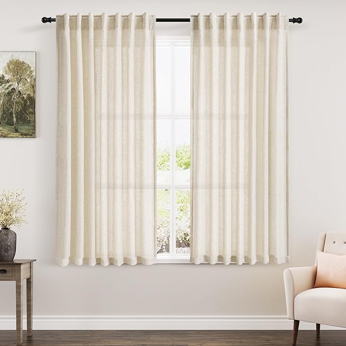 Warm Beige Linen Curtains 63 Inches Long 2 Panel Sets for Living Room Bedroom Rod Pocket Back Tab Light Filtering Drape for Kitchen Window Short Protect Privacy Curtain Modern Farmhouse Decor 52x63