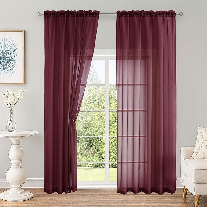 OWENIE Sheer Curtains 2 Panels Set for Bedroom Living Room, Soft Solid Rod Pocket Light Filtering Window Treatment, 2Pcs Each 59" W x 90" L, Burgundy Wine