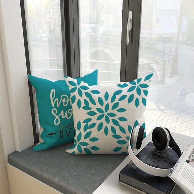 YCOLL Pillow Covers 18x18 Set of 4, Modern Sofa Throw Pillow Cover, Decorative Outdoor Linen Fabric Pillow Case for Couch Bed Car, Aqua Blue