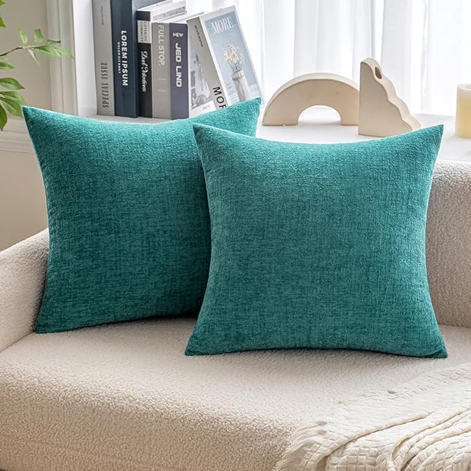 MIULEE Pack of 2 Couch Throw Pillow Covers 22x22 Inch Soft Teal Chenille Pillow Covers for Sofa Living Room Solid Dyed Pillow Cases