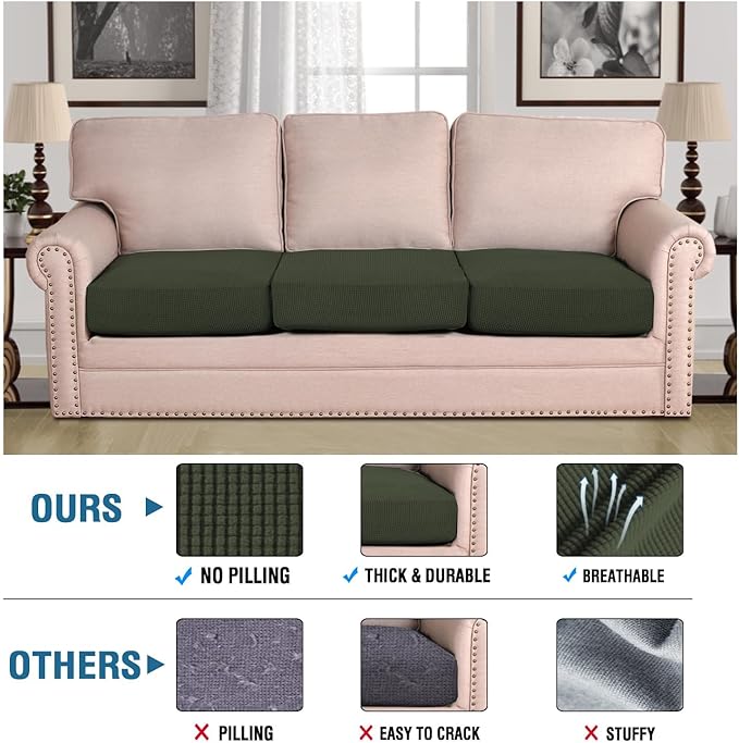H.VERSAILTEX Super Stretch Individual Seat Cushion Covers Sofa Covers Couch Slipcover Sets Thick Jacquard Textured Twill Fabric (3 Piece Sofa Cushion Covers, Olive)