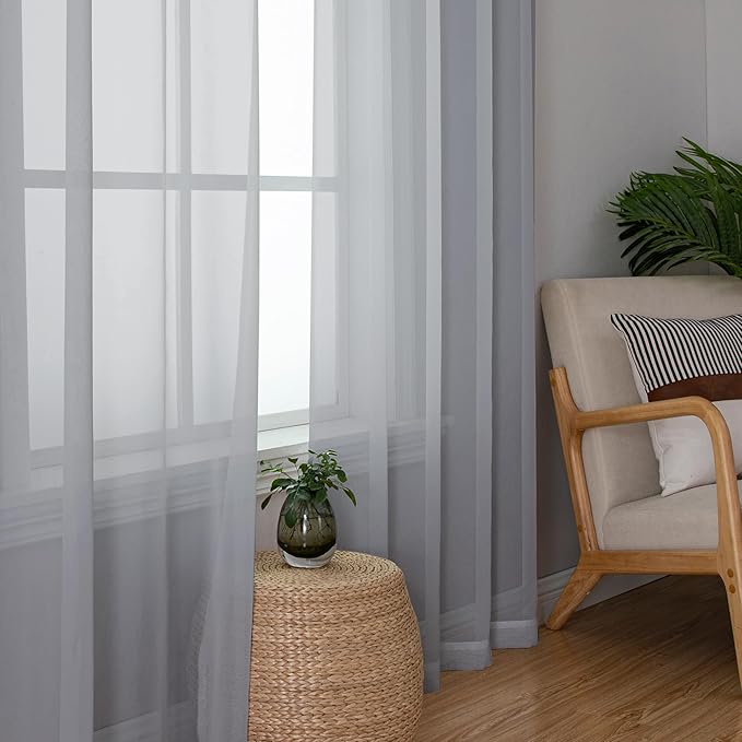 Simplebrand Light Grey Sheer Curtains 90 Inches Long 2 Panels, Light Filtering Rod Pocket Solid Color Window Sheer Curtain Panels, Elegant Curtains & Drapes for Living Room, Bedroom, 42" W x 90" L