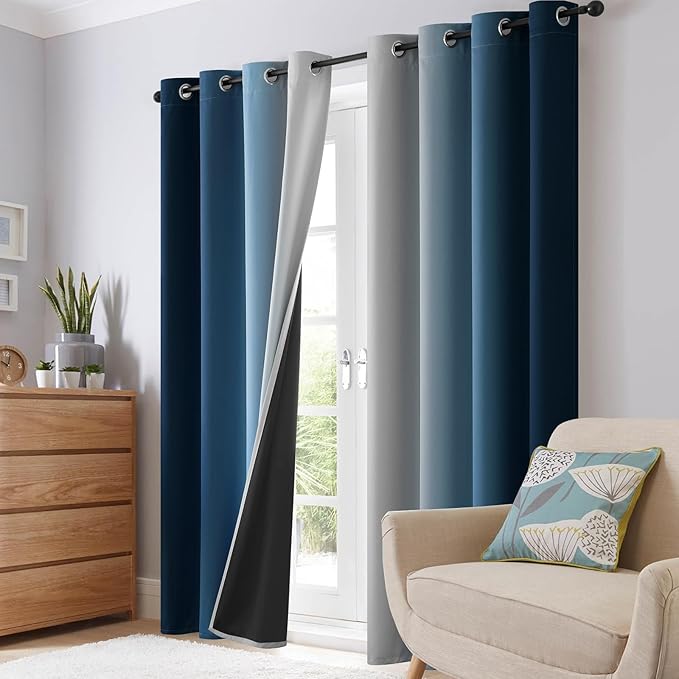 SimpleHome Blue Ombre 100% Blackout Curtains for Bedroom 90 Inches Long, Room Darkening Thermal Insulated Grommet Curtains for Living Room, 2 Panels, 52x90 inches Length