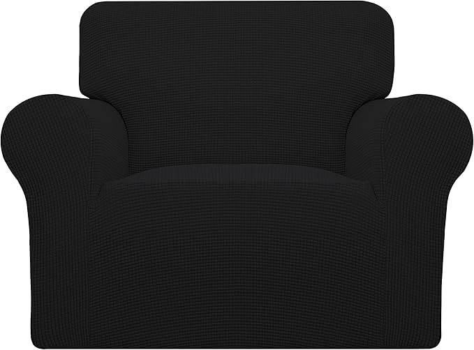 Easy-Going Stretch Chair Sofa Slipcover 1-Piece Couch Sofa Cover Furniture Protector Soft with Elastic Bottom for Kids, Pet. Spandex Jacquard Fabric Small Checks (Chair, Black)