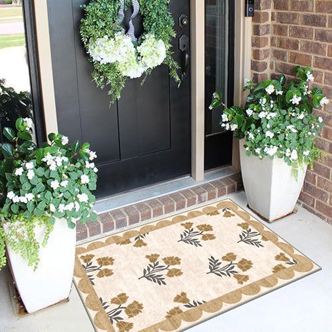 Front Door Mat Outside Entrance - 2x3 Spring Floral Non-Slip Washable Doormat Indoor Outdoor Door Mat Beige Vintage Farmhouse Entry Rug Small Throw Rugs for Entryway Kitchen Front Porch Decor
