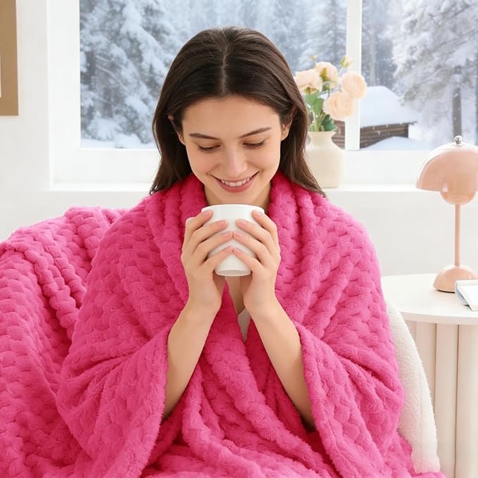 BEDELITE Fleece Twin Blankets for Couch & Bed - 3D Jacquard Decorative Hot Pink Blanket, Super Soft and Cozy Warm Fuzzy Blanket All Seasons Suitable, 60x80Inches