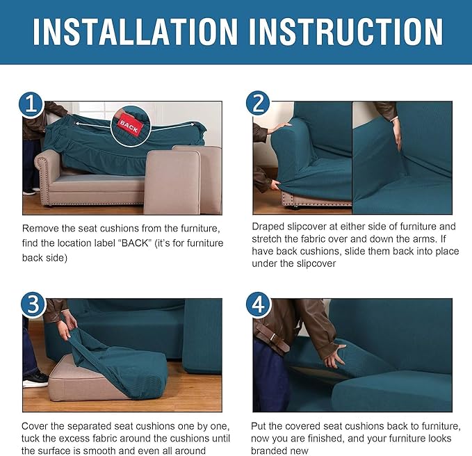 H.VERSAILTEX 4 Piece Stretch Sofa Covers for 3 Cushion Couch Covers for Living Room Furniture Slipcovers (Base Cover Plus 3 Seat Cushion Covers) Thicker Jacquard Fabric (Large Sofa, Deep Teal)