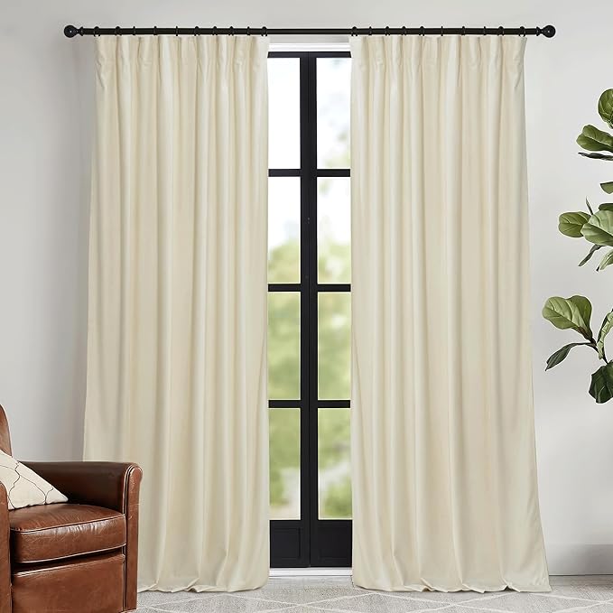 RYB HOME Beige Velvet Curtains 96 inches - Rod Pocket & Back Tab Boho Window Panels Privacy Theraml Insulted Drapes for Bedroom Bathroom, W52 x L96, 2 Panels Set