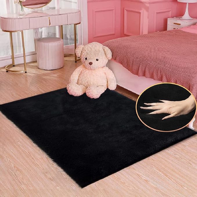 ORINOVA Fuzzy Rabbit Fur Rug Fluffy Rugs Washable Area Rugs for Living Room Black Furry Rug for Bedroom Rugs 3x5 Cute Room Girl Room Home Decor Rectangle