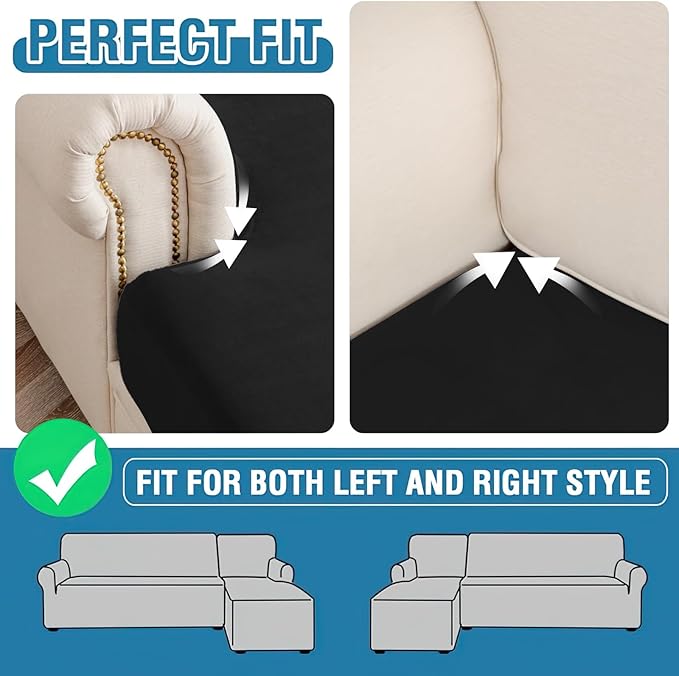 Couch Cover 4-Piece Elastic Velvet Couch Cushion Covers & Chaise Slipcovers for L-Shaped Sofas, Sofa Seat Covers Washable, Soft Cover for Couches (3 Seater + Chaise, Black)