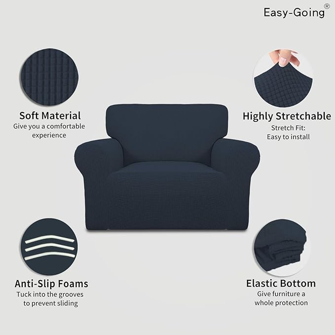 Easy-Going Stretch Oversized Chair Sofa Slipcover 1-Piece Couch Sofa Cover Furniture Protector Soft with Elastic Bottom for Kids Spandex Jacquard Fabric Small Checks Dark Blue