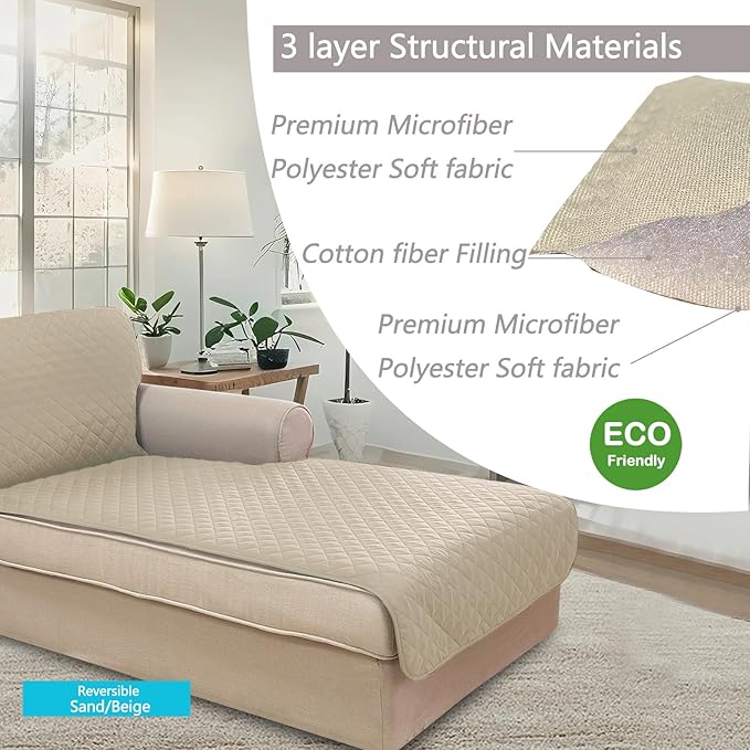 U-NICE HOME Sectional Couch Cover for Dogs Pets Chaise Lounge Reversible Sofa Cover Furniture Protector with Elastic Adjustable Strap, Sand/Beige