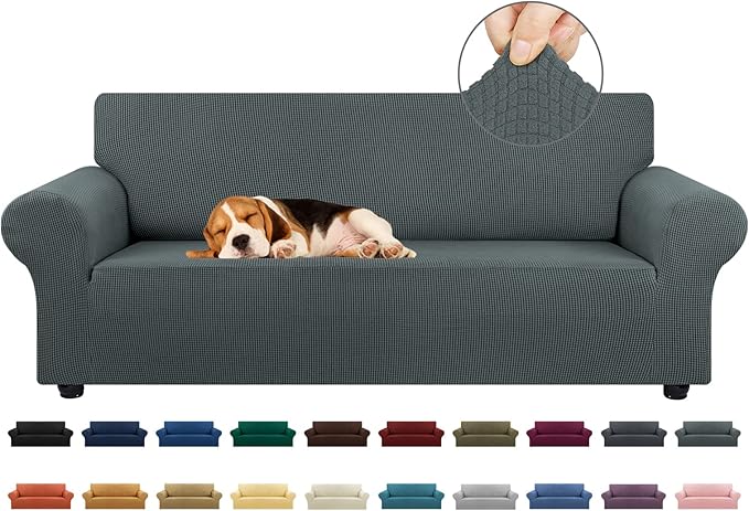 KEKUOU Stretch Sofa Cover Slipcover ，Couch Covers for 3 Cushion Couch Sofa (78"-94") Furniture Protector 3 Seater Sofa with Elastic Bottom for Kids,Dog, Jacquard Small Checked(Large,Grey)