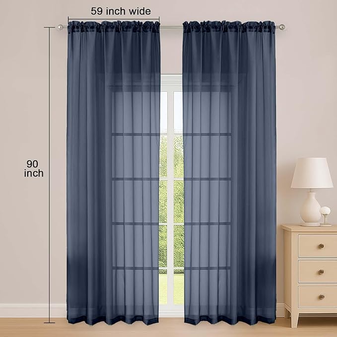 OWENIE Navy Blue Sheer Curtain 90 Inches Long 2 Panels Set, Solid Filmy Drapes for Living Room Bedroom, Elegant Window Voile Sheer Curtain Panels Drapes, 2 Pcs, Each 59" Wx90 L Inch
