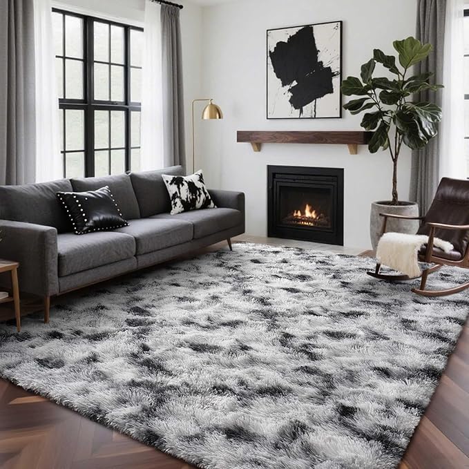 4x6 Ft Shag Area Rug for Bedroom Living Room, Tie-Dyed Ultra Soft Fluffy Furry Rugs for Indoor Floor, Aesthetic Carpet for Kids Home Decor (Black White)