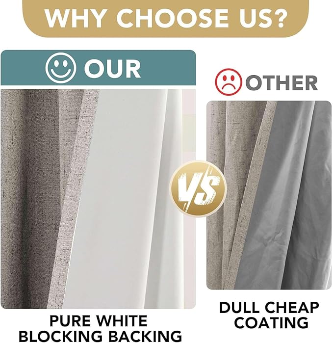 H.VERSAILTEX Linen Curtains 100% Blackout Curtains for Bedroom 90 inch Long Full Light Blocking Nature Linen Blended Window Curtains for Living Room Nickel Grommet (2 Panels, Stone)
