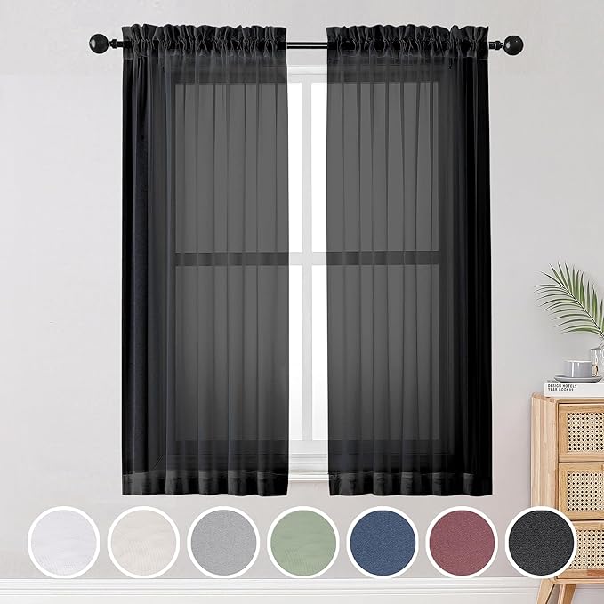 OWENIE Black Sheer Curtains, Sheer Curtains 63 inch Length 2 Panels Set, Rod Pocket Voile Fimly Sheer Drapes for Living Room/Bedroom, 2pcs, Each 42" W x 63" L, Black