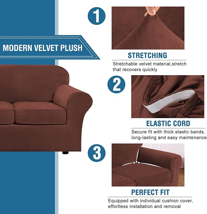 H.VERSAILTEX High Stretch Sofa Slipcover 4 Piece Cover Velvet Furniture Protector Form Fit Thick Velvet Extra Large Sofa Cover for 3 Cushion Couch Width Up to 97 Inch (Large Sofa, Burnt Brick)