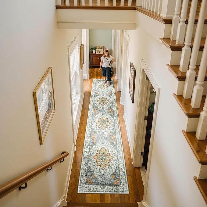 RELEANY Area Rugs 2'x10' Runner Rug Non Slip Washable for Kitchen Hallway Bedroom Beside Laundry Room Bathroom Rug, Floor Carpet, Light Yellow Carbon Grey Orange