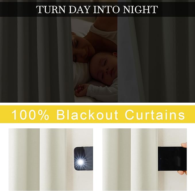 NICETOWN Faux Linen 100% Blackout Living Room Curtains 96 inches Long, Silver Grommet 2 Layers Window Treatment with White Liner Thermal Curtains for Bedroom, Vanilla, W52 x L96, 2 Panels