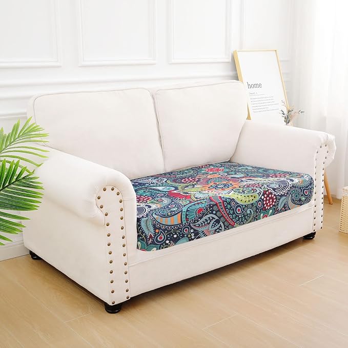 hyha Printed Couch Cushion Covers, Floral Sofa Covers Washable for 2 Cushion Couch, Stretch Pattern Outdoor Cushion Covers for Patio Furniture with Elastic Bottom(Medium, Paisley)