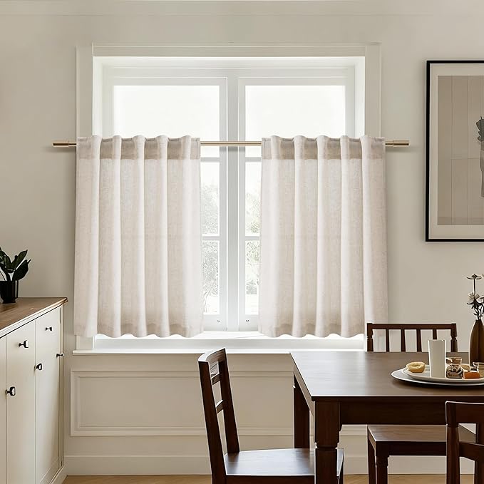 Nanspring 30 Inch Long Beige Curtains for Kitchen Linen Blend Farmhouse Decor Semi Sheer Light Filtering Back Tab and Rod Pocket Short Curtain for Bathroom Small Window 30 x 30 Inch, 2 Panels