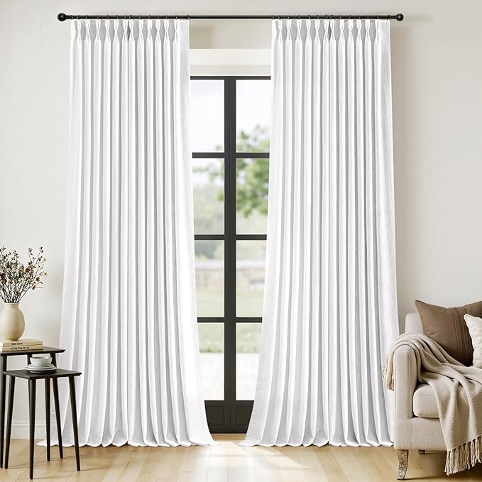 MIULEE Pinch Pleated White Thick Linen Curtains 108 Inches Long 2 Panels, Linen Texture Drapes for Living Room Bedroom Dining Room, Extra Long Light Filtering Farmhouse Foor to Ceiling Curtains