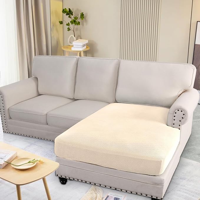 H.VERSAILTEX Super Stretch Individual Chaise Cover Sectional Couch Covers for L Shaped Sofa Both Left/Right Featuring Thick Jacquard Textured Twill Fabric (1 Piece Chaise Cover Large, Cream)