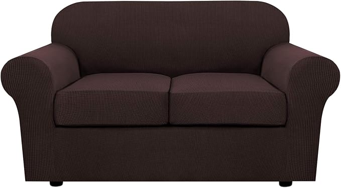 H.VERSAILTEX 3 Piece Stretch Sofa Covers for 2 Cushion Loveseat Couch Covers for Living Room Sofa Slipcovers (Base Cover Plus 2 Seat Cushion Covers) Thicker Jacquard Fabric(Medium Sofa, Chocolate)