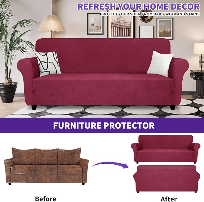 ZNSAYOTX Super Stretch Couch Cover (72"-92"), New Striped Sofa Covers Fitted Slipcovers with Elastic Bottom, Dog Cat Pets Proof Spandex Fabric Comfortable & Durable (Wine Red, Sofa)