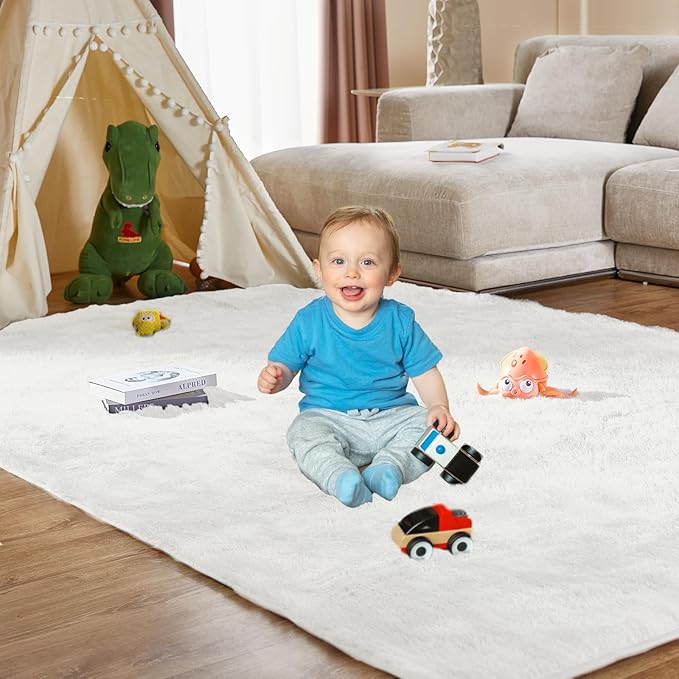8x10 Soft Shag Area Rug for Living Room and Bedroom Decor, Non-Slip Indoor Carpet for Kids Boys Girls Dorm Nursery, Large Aesthetic Floor Rug, Cream White