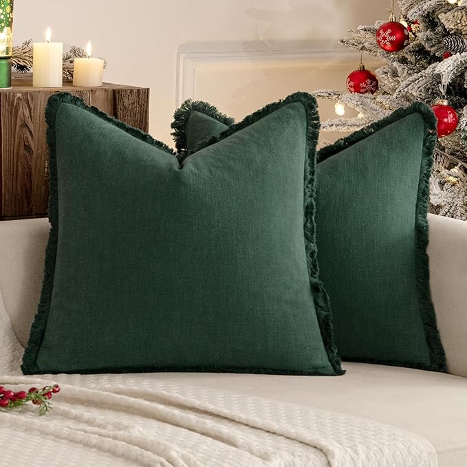 MIULEE Decorative Throw Pillow Covers Neutral Linen Fringe Throw Pillows Set of 2 Army Green Boho Farmhouse Cushion Covers with Tassels for Couch Sofa Bed Living Room Home Decor 18x18 Inch