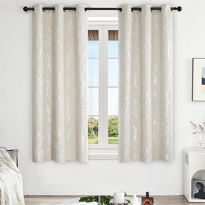 Deconovo Beige Bedroom Curtains, Room Darkening Curtain, Thermal Insulated Soundproof Drapes, Silver Branch Print, 42 x 63 Inch Long, Machine Washable Window Panels for Living Room Nursery, Set of 2