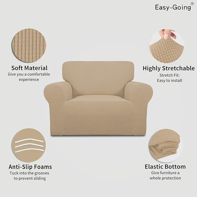 Easy-Going Stretch Oversized Chair Sofa Slipcover 1-Piece Couch Sofa Cover Furniture Protector Soft with Elastic Bottom for Kids Spandex Jacquard Fabric Small Checks Sand