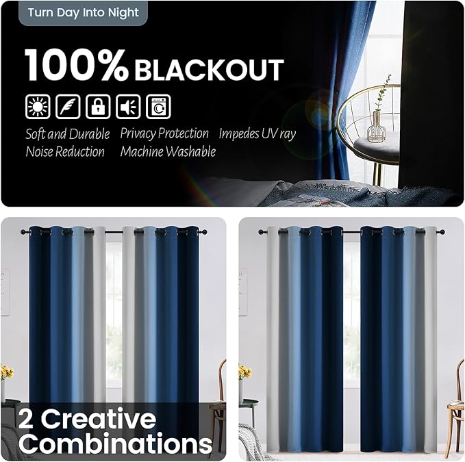 SimpleHome Ombre 100% Blackout Curtains for Bedroom 84 Inches Long, Blue with White Liner Room Darkening Thermal Insulated Grommet Curtain/Drapes for Living Room,2 Panels Set