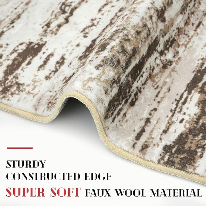 Lansny Modern Abstract Runner Rug, 2x6 Feet, Beige, Faux Wool, Machine Washable, Non-Slip, Soft, Kid & Pet Friendly