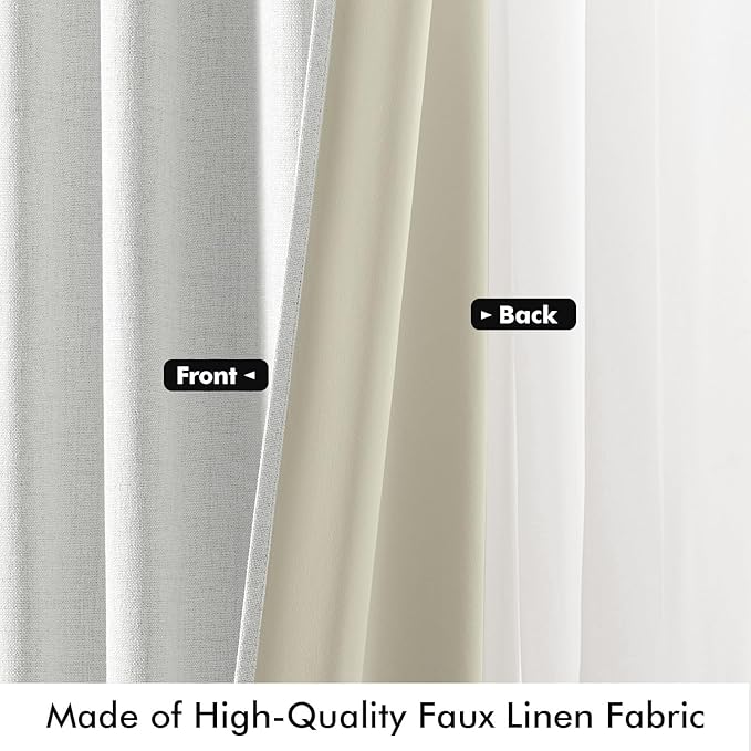 MIULEE 100% Blackout Linen Curtains for Bedroom, Heathered White Solid Luxury Decor Thermal Insulation Room Darkening Drapes for Living Room Nursery Back Tab Rod Pocket 42 x 72 Inches, 2 Panels