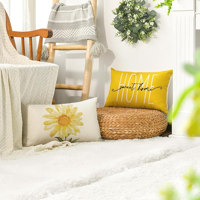 AVOIN colorlife Home Sweet Home Spring Summer Flowers Yellow Throw Pillow Covers, 12 x 20 Inch Cushion Case for Sofa Couch Set of 4