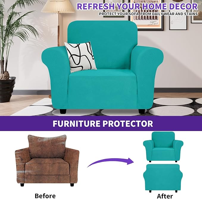 ZNSAYOTX Chair Cover with Arms (30"-47"), New Striped Sofa Chair Covers for Living Room, Dogs Pet Friendly Anti-Slip Chair Protector Spandex Armchair Slipcovers (Peacock Teal, Chair)