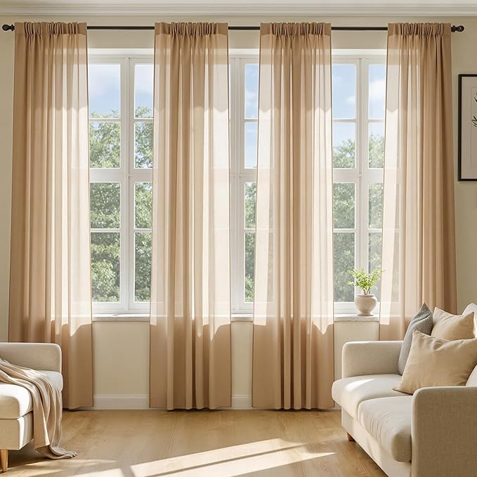 MIULEE Brown Sheer Curtains 96 Inches Long, 4 Panels Set, Rod Pocket Voile Drapes Light Filtering and Semi Transparent, Elegant Window Treatments for Bedroom Living Room,54 x 96 Inches